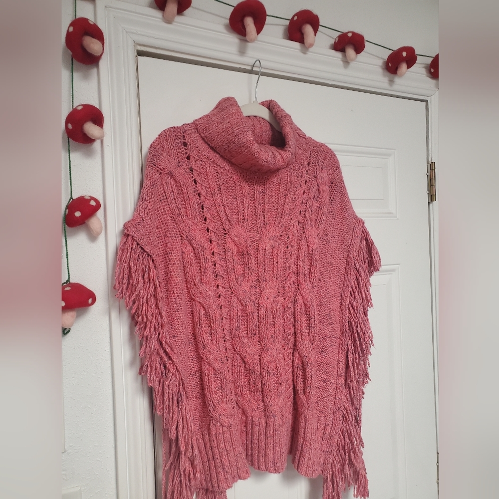Beautiful Pink Cowl Neck Knit Poncho tied on the sides